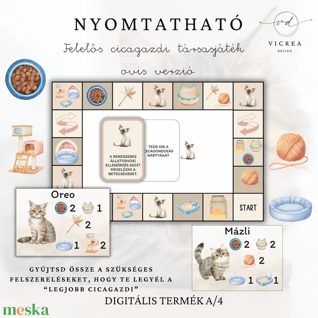 Macskás ovis fejlesztő csomag � társasjáték + foglalkoztató PDF (4�7 év) - játék & sport - készségfejlesztő és logikai játék - oktató játékok - Meska.hu
