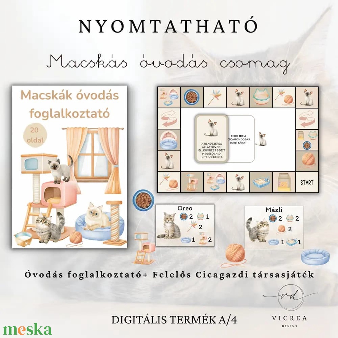 Macskás ovis fejlesztő csomag � társasjáték + foglalkoztató PDF (4�7 év) - játék & sport - készségfejlesztő és logikai játék - oktató játékok - Meska.hu
