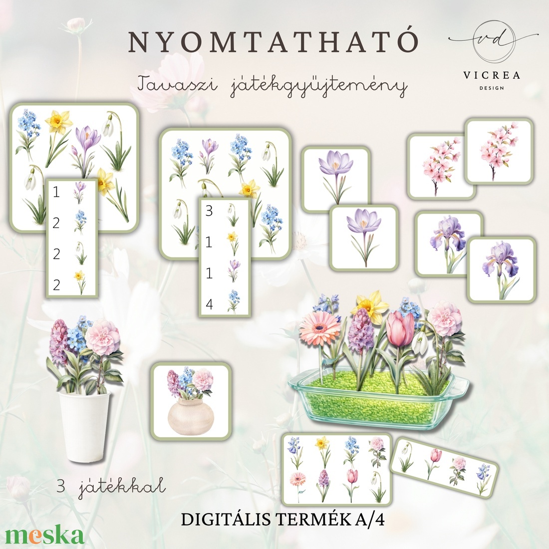 Tavaszi virágok csomag � nyomtatható óvodás foglalkoztató és fejlesztő játékgyűjtemény - játék & sport - készségfejlesztő és logikai játék - oktató játékok - Meska.hu