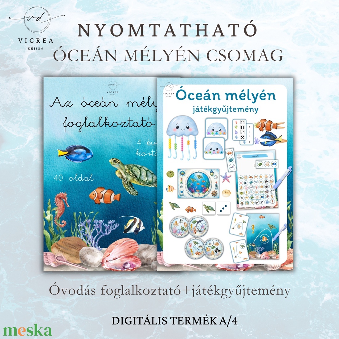 Óceán mélyén csomag � 40 oldalas foglalkoztató és 6 fejlesztő játék egyben, Nyomtatható PDF 3�7 éveseknek - játék & sport - készségfejlesztő és logikai játék - oktató játékok - Meska.hu