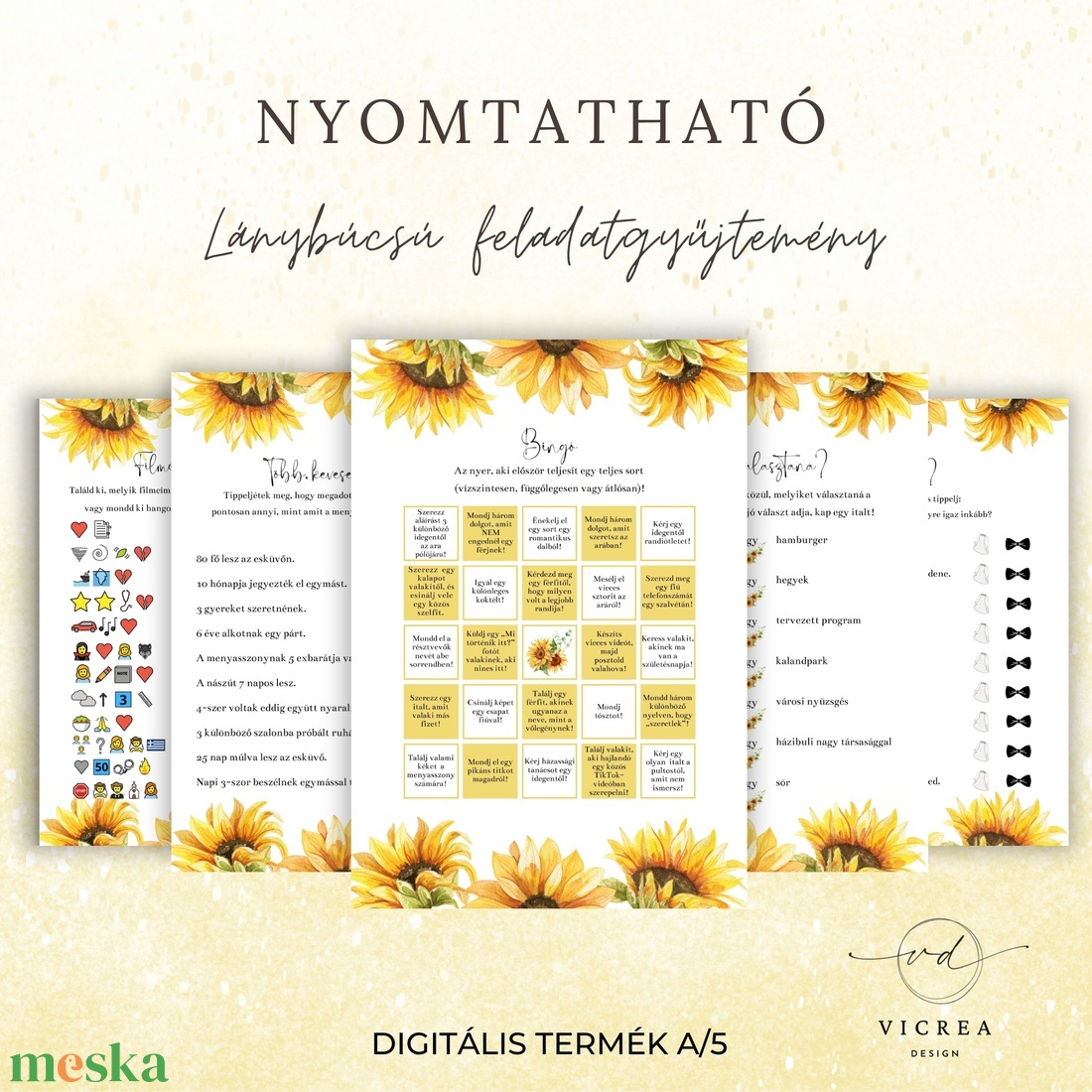 Nyomtatható lánybúcsú feladatok és játékok � digitális lánybúcsú csomag (napraforgós) - esküvő - lánybúcsú - Meska.hu