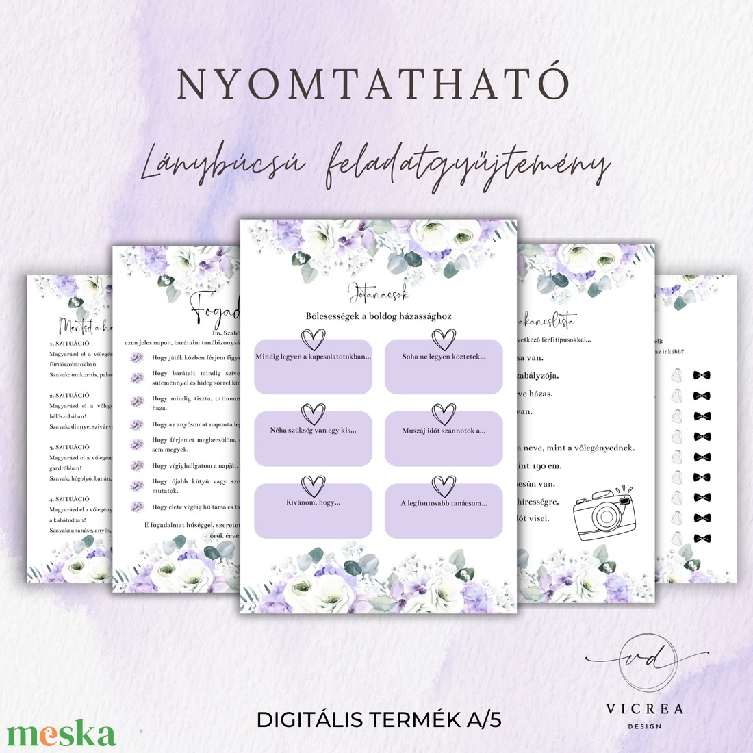 Nyomtatható lánybúcsú feladatok és játékok � digitális lánybúcsú csomag (lila álom) - esküvő - lánybúcsú - Meska.hu