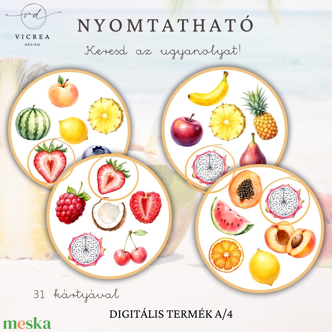 Nyári Gyümölcskaland játékgyűjtemény � 6 nyomtatható fejlesztőjáték óvodásoknak (3�7 év) digitális pdf - játék & sport - készségfejlesztő és logikai játék - oktató játékok - Meska.hu