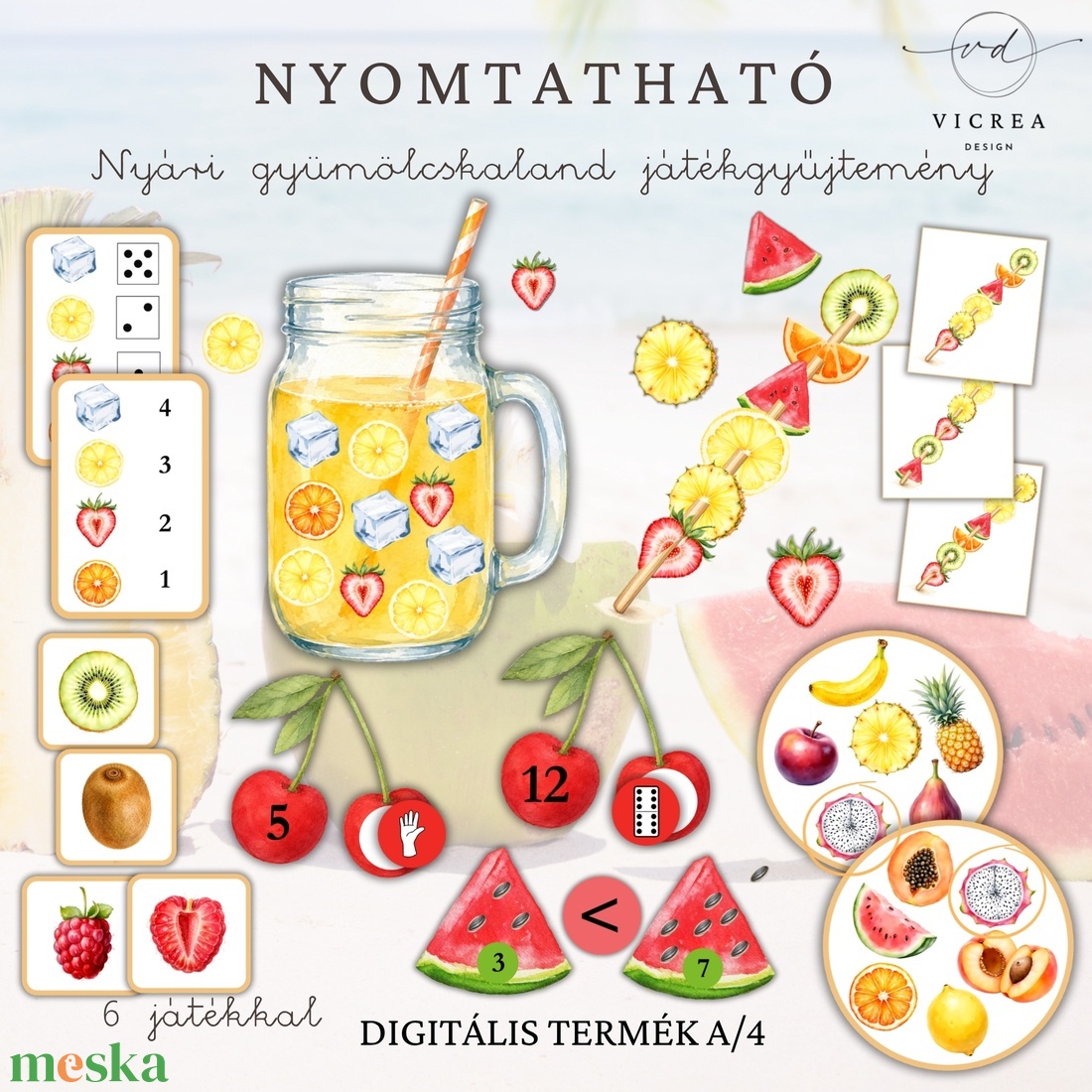 Nyári Gyümölcskaland csomag 3�7 éveseknek �nyomtatható fejlesztőcsomag (foglalkoztató + 6 db-os játékgyűjtemény) - játék & sport - készségfejlesztő és logikai játék - oktató játékok - Meska.hu