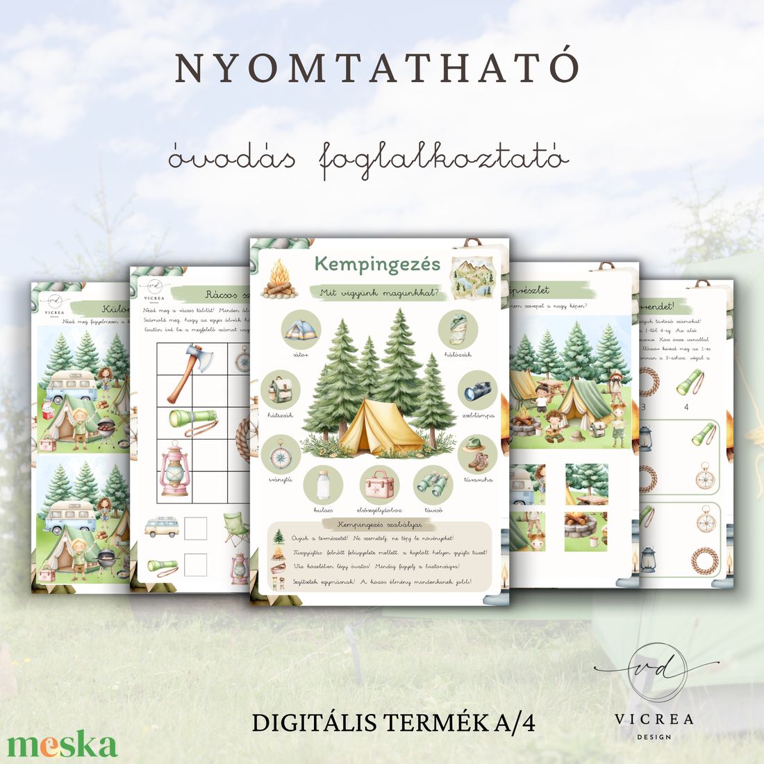 Kalandok a kempingben � 40 oldalas óvodás nyomtatható foglalkoztató PDF - játék & sport - készségfejlesztő és logikai játék - oktató játékok - Meska.hu