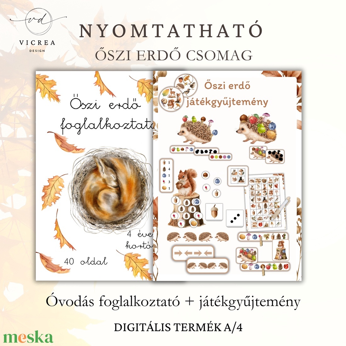 Őszi erdő csomag � nyomtatható játékgyűjtemény és 40 oldalas foglalkoztató - játék & sport - készségfejlesztő és logikai játék - oktató játékok - Meska.hu