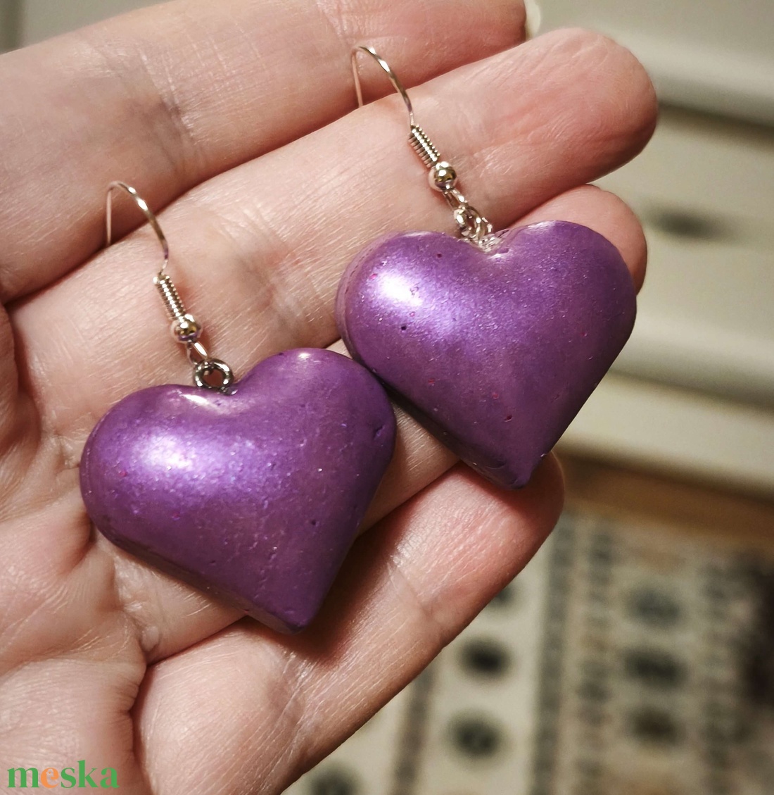 Lila Szívdobbanás fülbevaló - ékszer - fülbevaló - lógó fülbevaló - Meska.hu