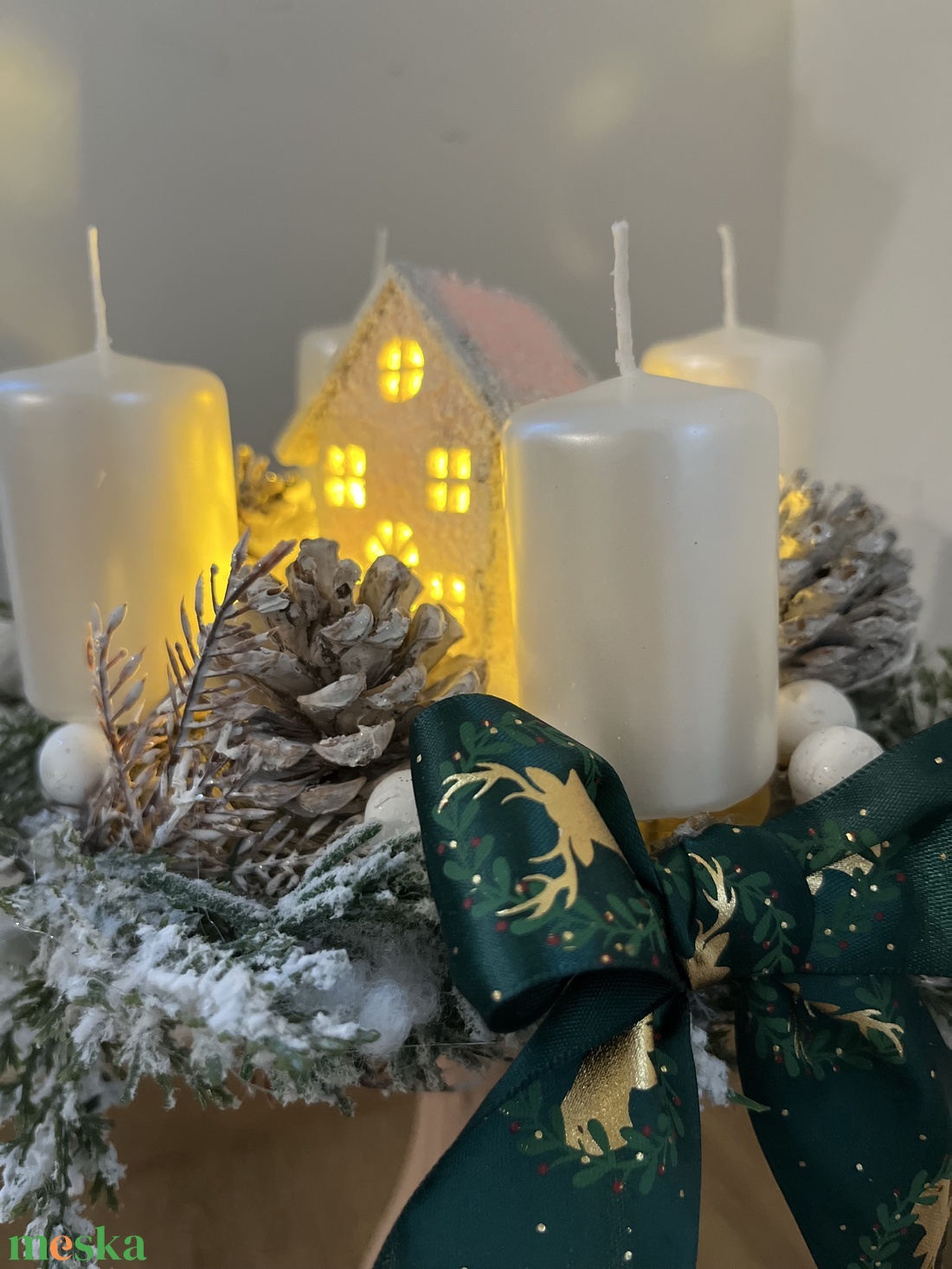 Prémium adventi dísz, koszorú, gyöngyház gyertyákkal - karácsony - adventi díszek - adventi gyertyadíszek és koszorúdíszek - Meska.hu