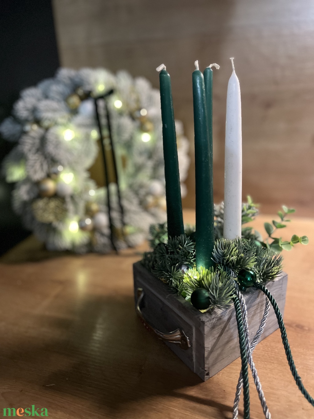 Matt sötétzöld színvilágú fiókos adventi dísz - karácsony - adventi díszek - adventi gyertyadíszek és koszorúdíszek - Meska.hu