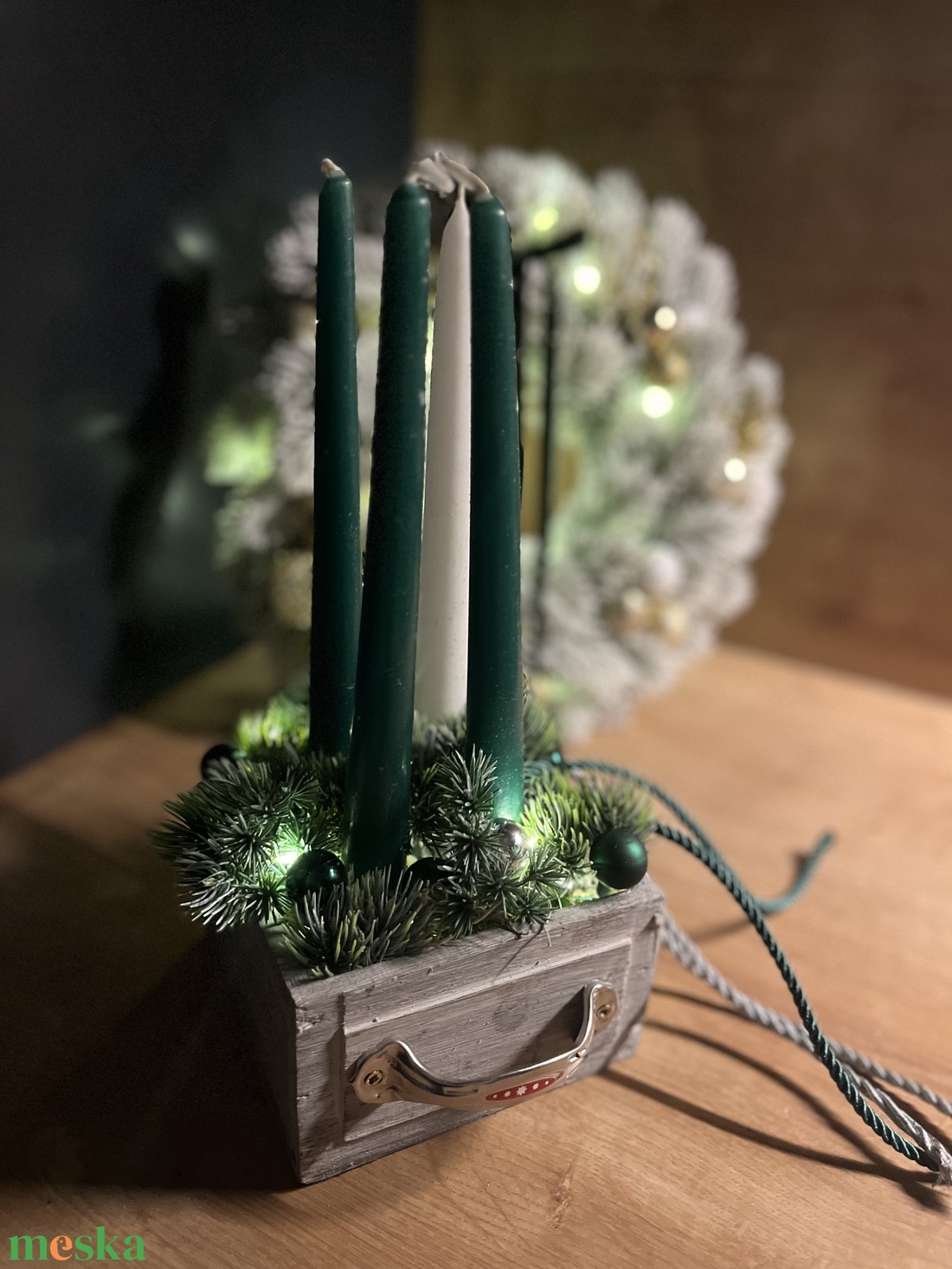 Matt sötétzöld színvilágú fiókos adventi dísz - karácsony - adventi díszek - adventi gyertyadíszek és koszorúdíszek - Meska.hu