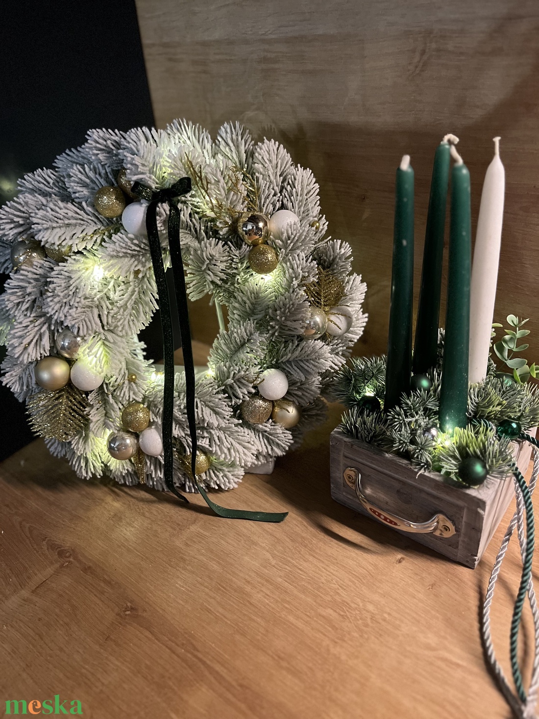 Matt sötétzöld színvilágú fiókos adventi dísz - karácsony - adventi díszek - adventi gyertyadíszek és koszorúdíszek - Meska.hu