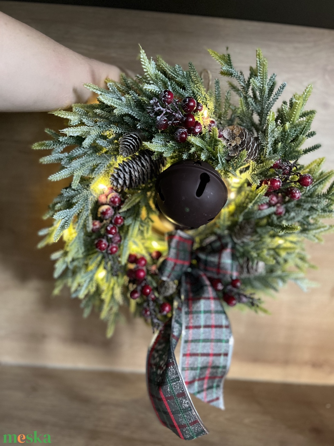 Dupla bergős, LED-es téli, adventi kopogtató kb. 40 cm - karácsony - karácsonyi lakásdekoráció - karácsonyi ajtódíszek - Meska.hu