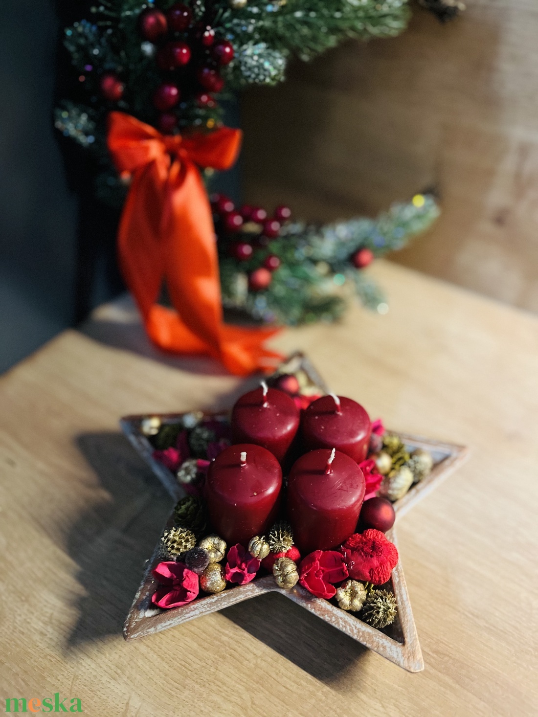 Hagyományos, piros adventi kopogtató és asztaldísz, szett - karácsony - adventi díszek - adventi gyertyadíszek és koszorúdíszek - Meska.hu