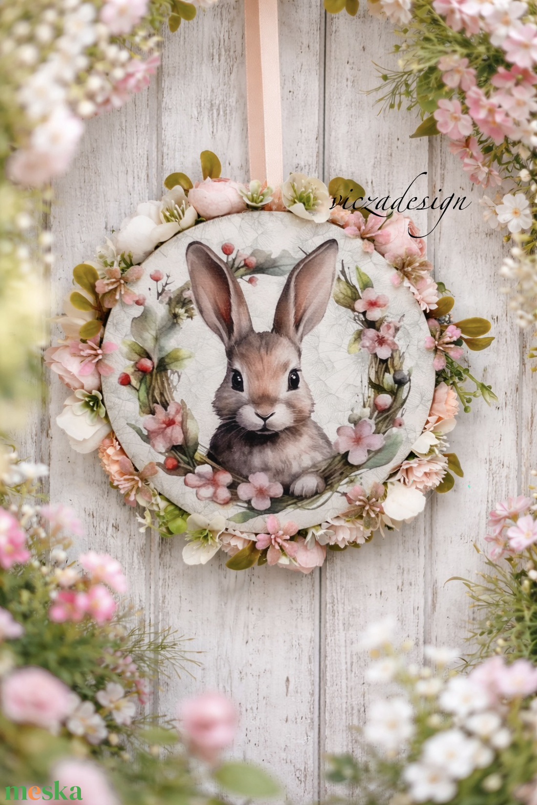 Nyuszis ajtódísz, apróvirágokkal dekorálva - ünnepi díszek, dekorációk - húsvéti díszek és dekorációk - húsvéti ajtódísz, kopogtató - Meska.hu