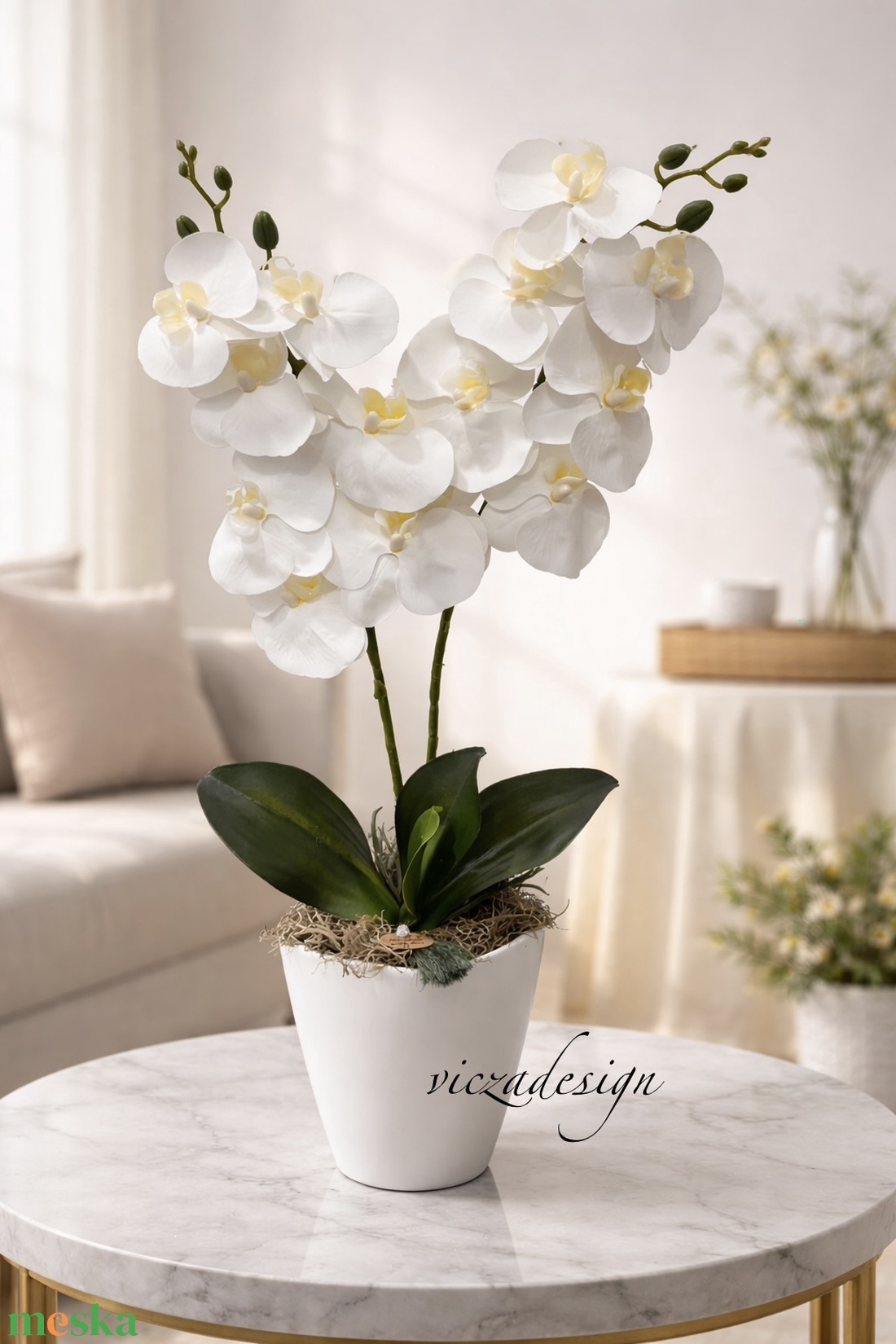 Hófehér örök orchidea, élethű, kerámia kaspós - otthon & életmód - dekoráció - asztal és polc dekoráció - asztaldísz - Meska.hu