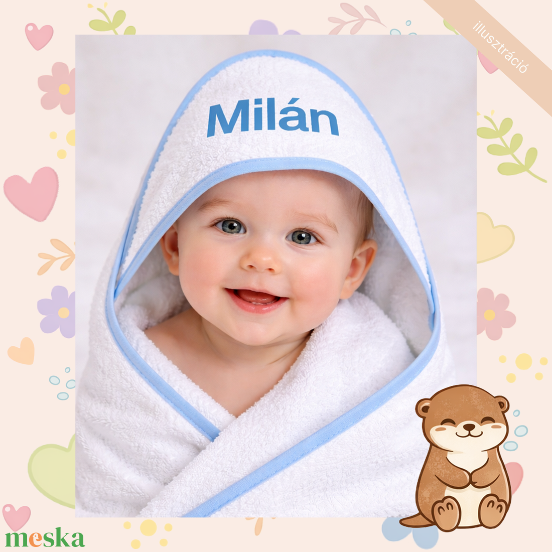 Neves hímzett baba frottír kapucnis törölköző � személyre szabható baba kifogó, egyedi neves ajándék - baba - mama - pelenkázó, babafürdető kellékek - baba törölköző - Meska.hu