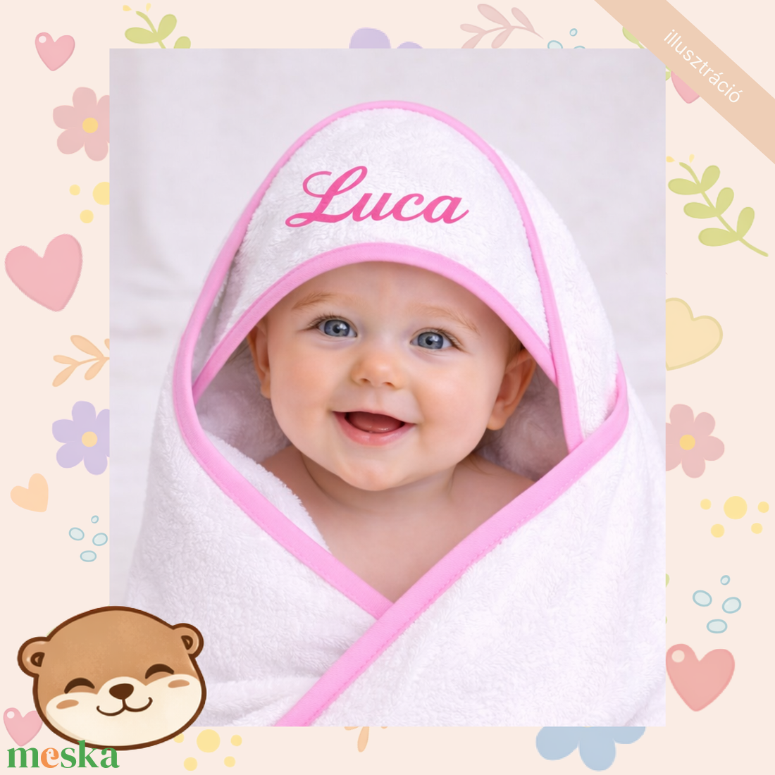 Neves hímzett baba frottír kapucnis törölköző � személyre szabható baba kifogó, egyedi neves ajándék - baba - mama - pelenkázó, babafürdető kellékek - baba törölköző - Meska.hu