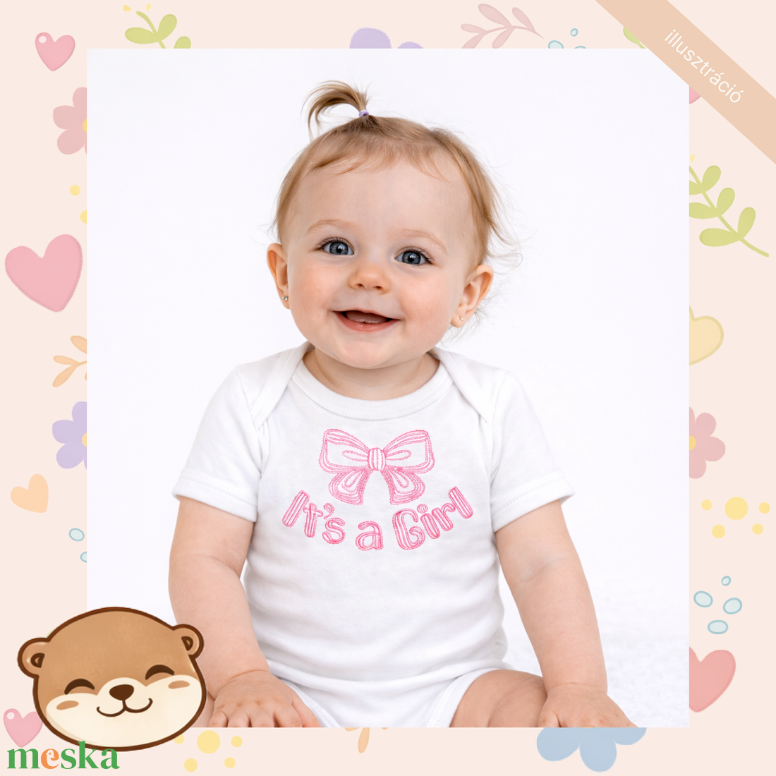 Kislányos masni mintás hímzett baba body � személyre szabható, puha pamut body lányoknak, egyedi ajándék - baba - mama - babaruházat - baba body - Meska.hu