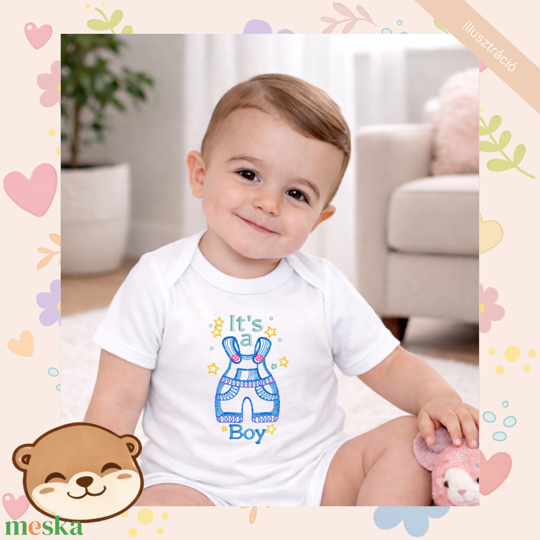 Kisfiús ruhácska mintás hímzett baba body � személyre szabható, puha pamut body fiúknak, egyedi ajándék - baba - mama - babaruházat - baba body - Meska.hu