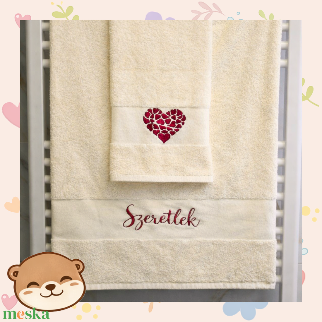 Valentin-napi hímzett törölköző szett � Szeretlek felirattal, ivory prémium törölközők, romantikus ajándék pároknak - otthon & életmód - fürdőszoba - törölköző - Meska.hu