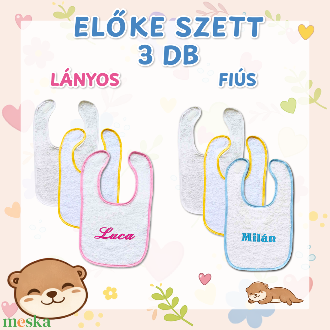 3 db hímzett előke - névre szóló, személyre szabható babakendő, egyedi ajándék szett - baba - mama - szoptatási, etetési kellékek - partedli, előke - Meska.hu