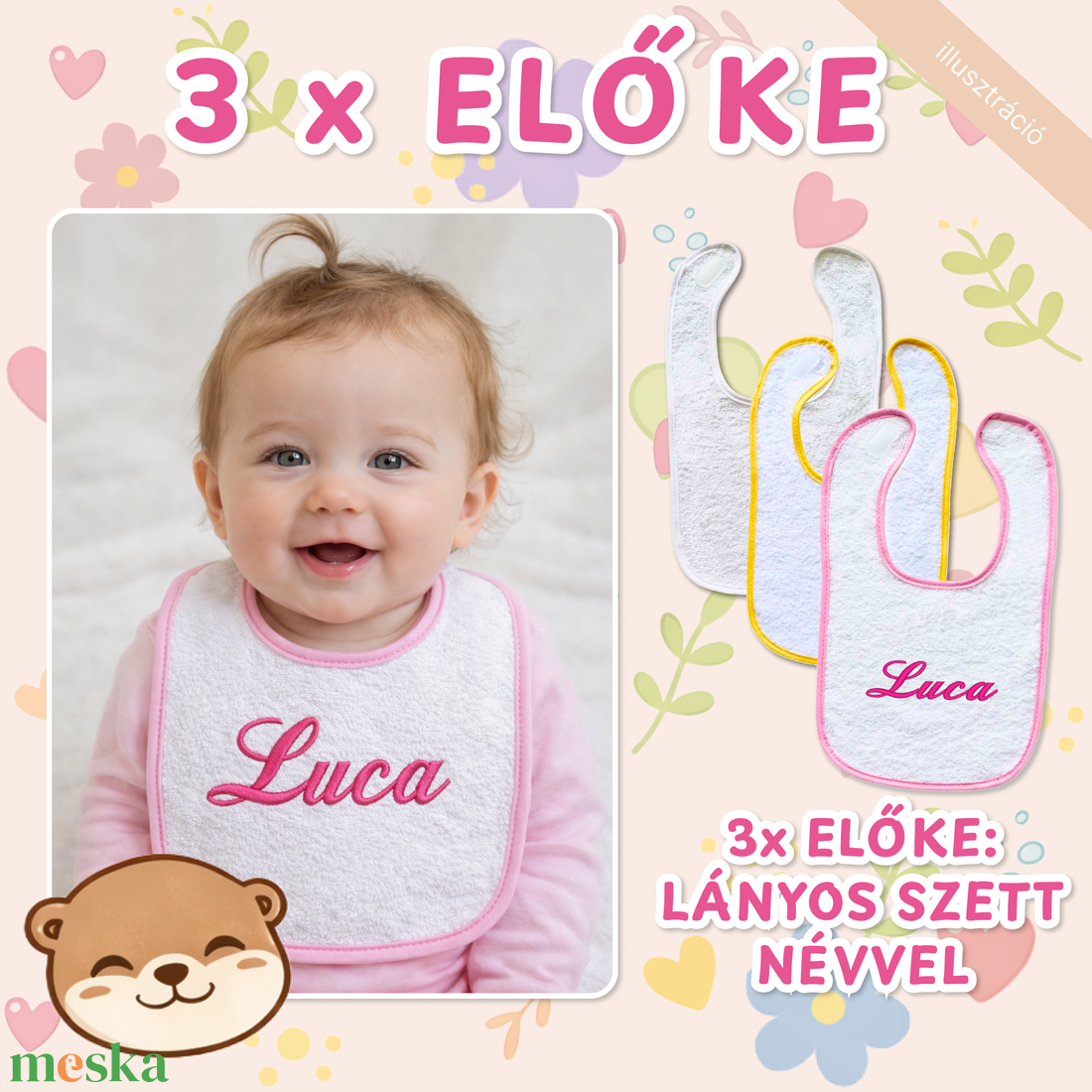 3 db hímzett előke - névre szóló, személyre szabható babakendő, egyedi ajándék szett - baba - mama - szoptatási, etetési kellékek - partedli, előke - Meska.hu
