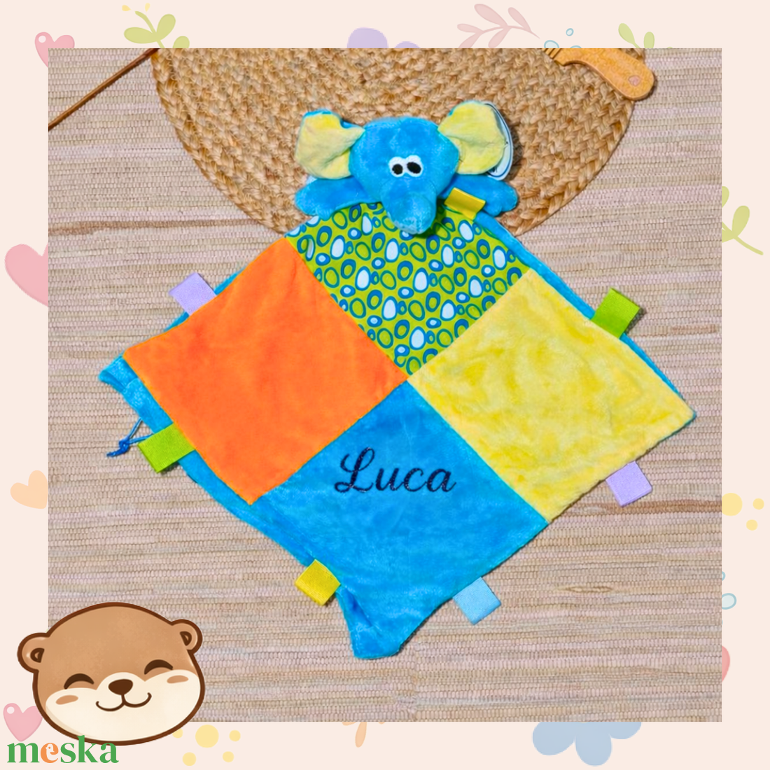 Elefántos csörgős szundikendő - névreszóló hímzéssel, puha alvótárs babáknak, hímzett - baba - mama - baba játékok - szundikendő, alvóka - Meska.hu