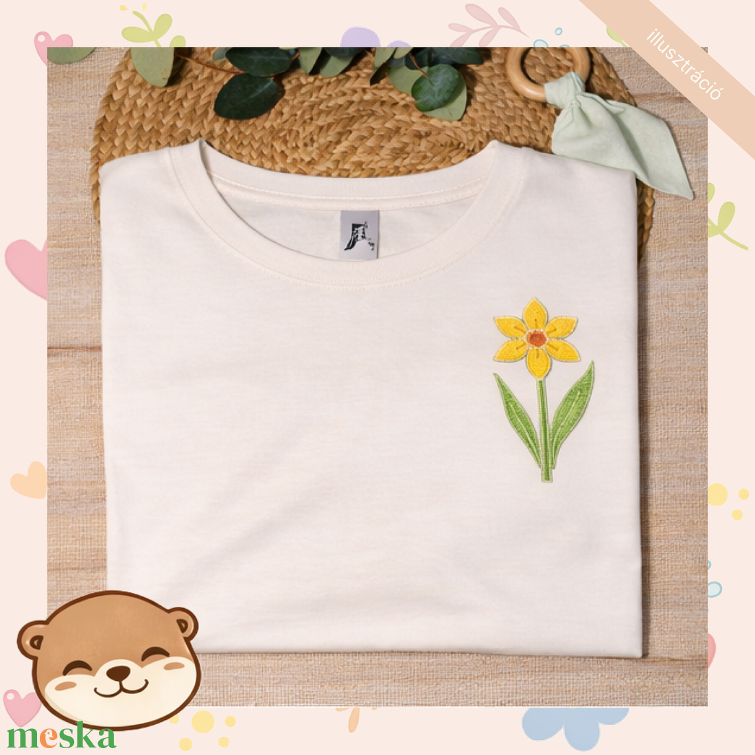Nárcisz mintás női póló, tavaszi virágos minta - ruha & divat - női ruha - póló, felső - Meska.hu