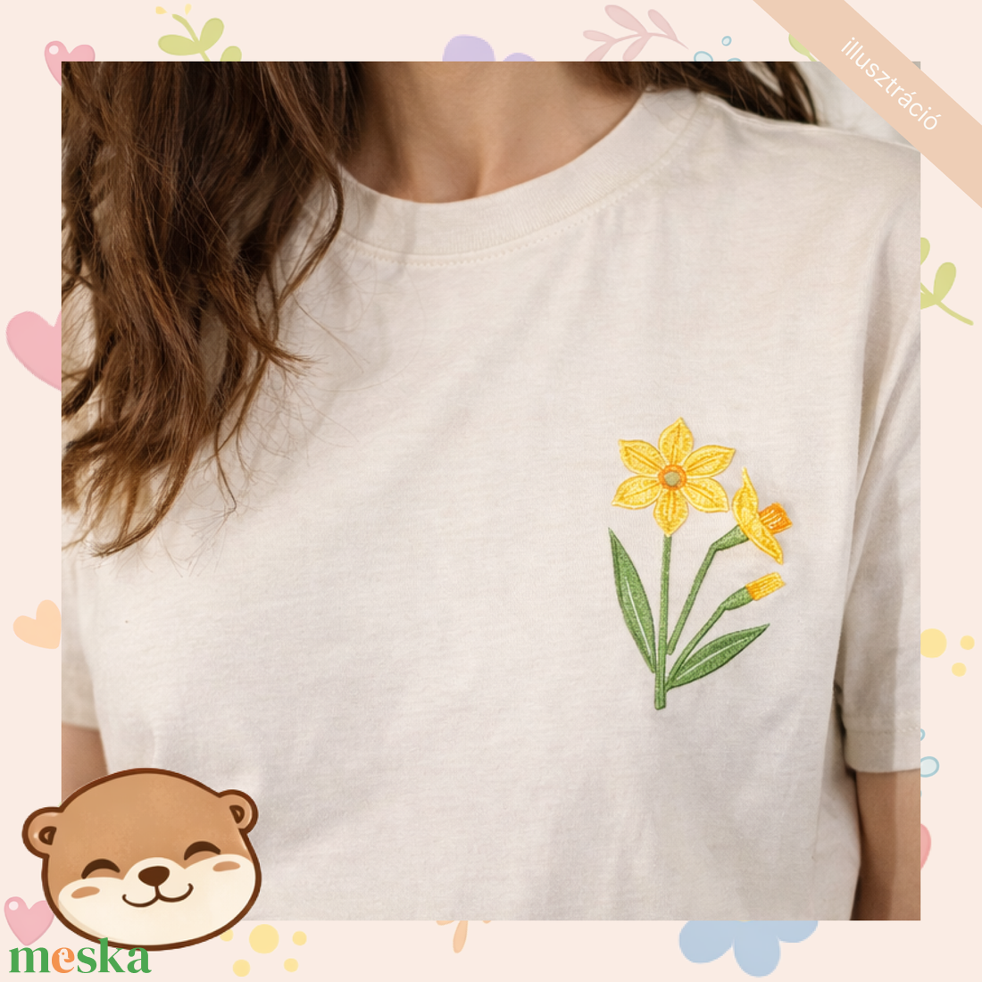 Nárcisz mintás női póló, tavaszi virágos minta - ruha & divat - női ruha - póló, felső - Meska.hu