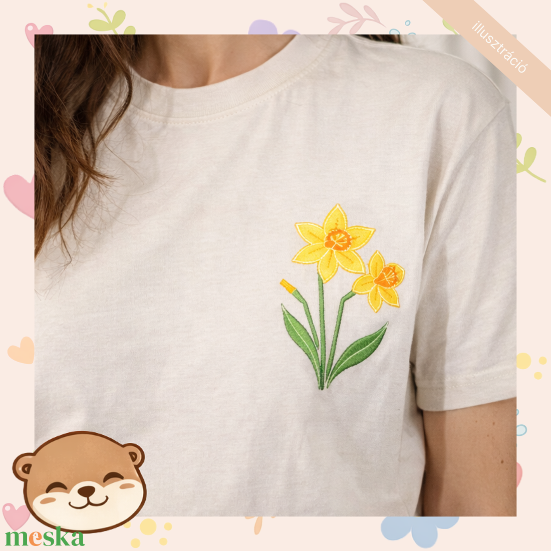 Nárcisz mintás női póló, tavaszi virágos minta - ruha & divat - női ruha - póló, felső - Meska.hu
