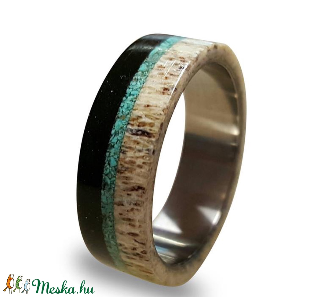 Titán gyűrű, Ébenfa - agancs és türkiz ásvány berakással -  - Meska.hu