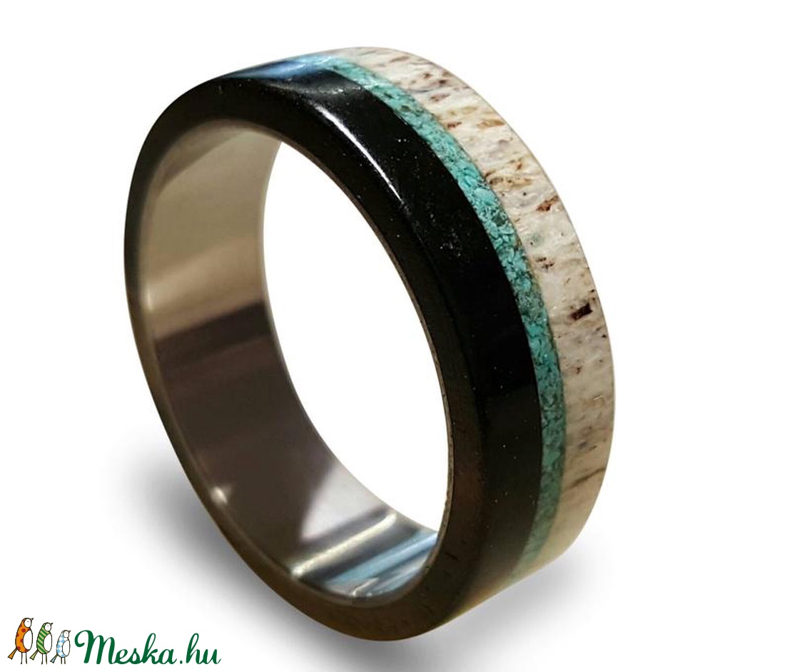 Titán gyűrű, Ébenfa - agancs és türkiz ásvány berakással -  - Meska.hu