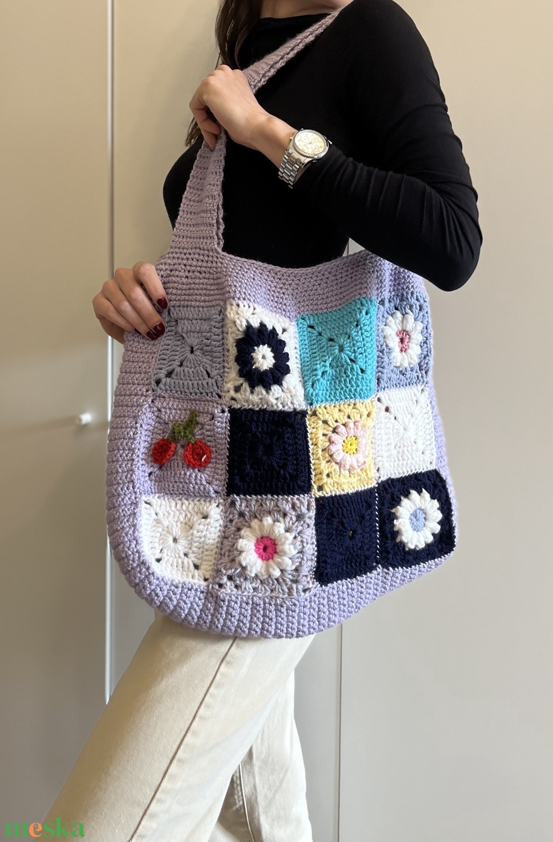 granny-square stílusú horgolt  szatyor  - táska & tok - bevásárlás & shopper táska - shopper, textiltáska, szatyor - Meska.hu