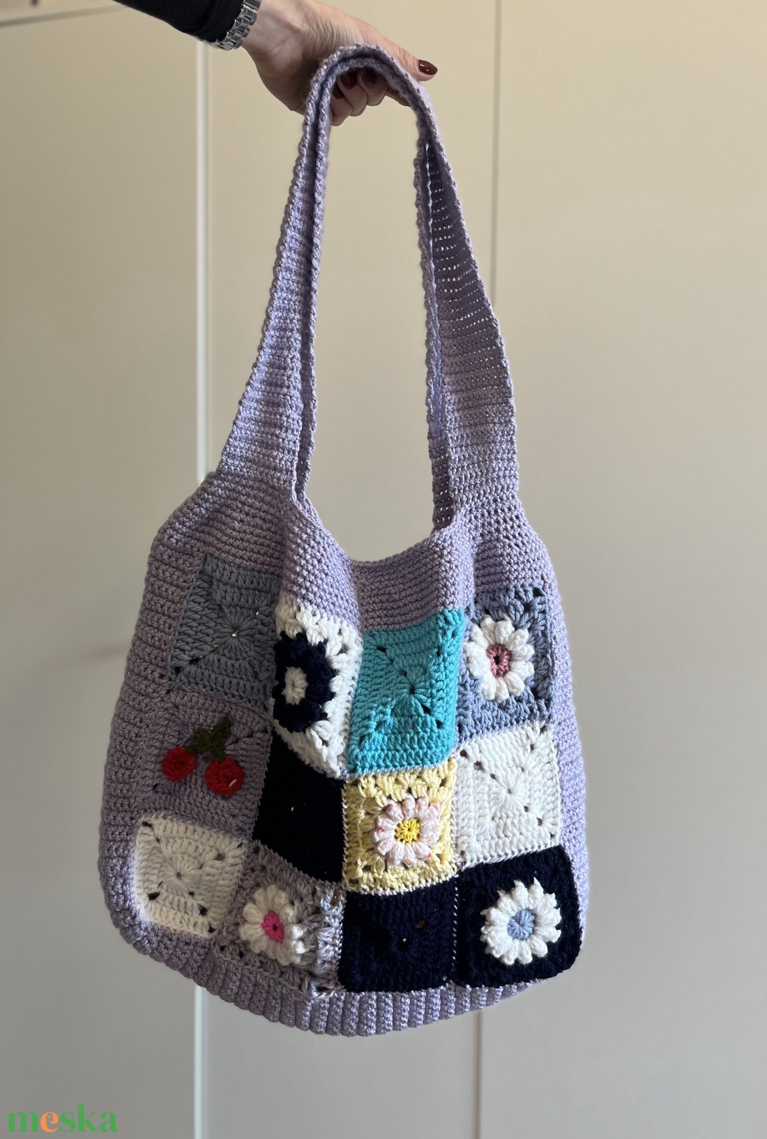 granny-square stílusú horgolt  szatyor  - táska & tok - bevásárlás & shopper táska - shopper, textiltáska, szatyor - Meska.hu