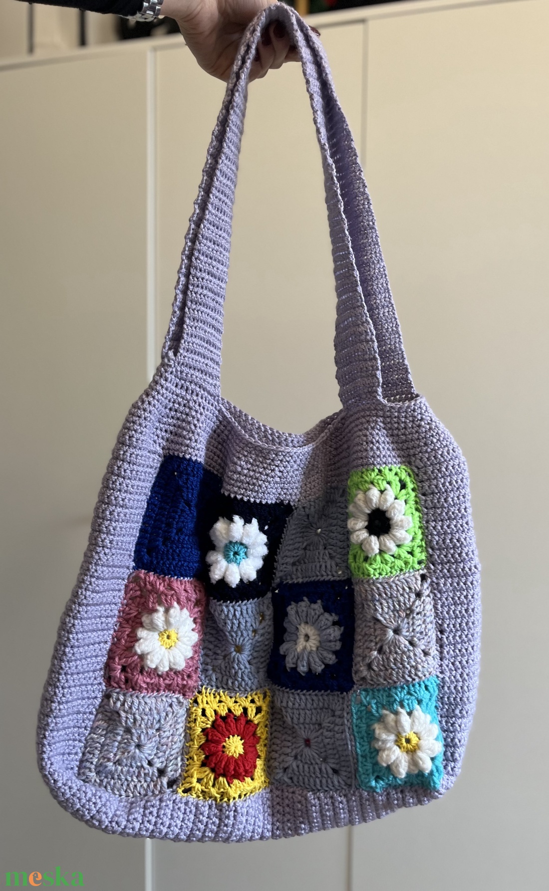 granny-square stílusú horgolt  szatyor  - táska & tok - bevásárlás & shopper táska - shopper, textiltáska, szatyor - Meska.hu