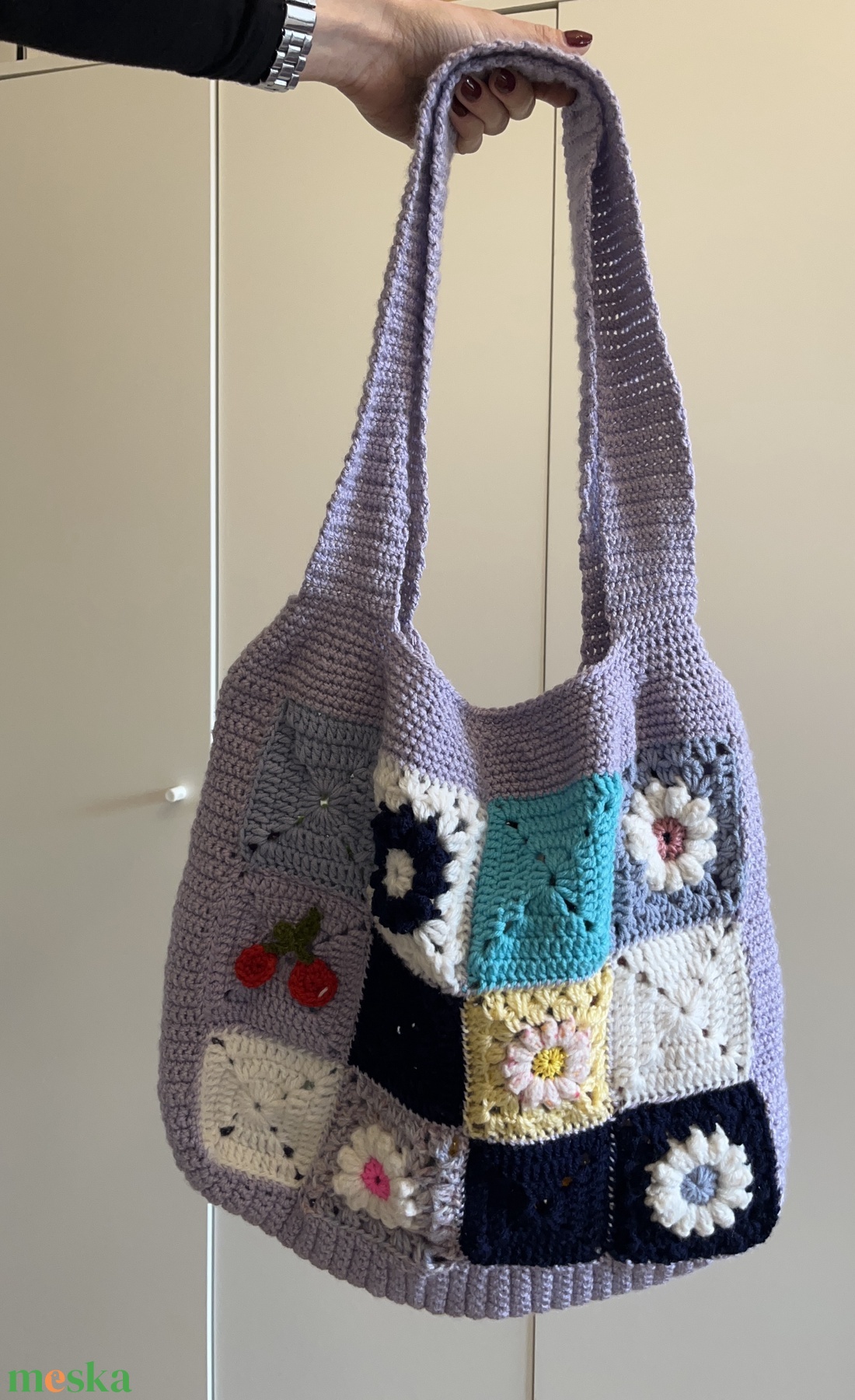 granny-square stílusú horgolt  szatyor  - táska & tok - bevásárlás & shopper táska - shopper, textiltáska, szatyor - Meska.hu