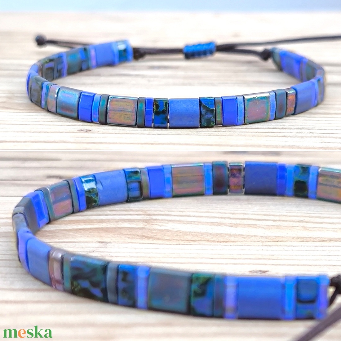 Selymes üveggyöngy karkötő - kék - ékszer - karkötő - gyöngyös karkötő - Meska.hu