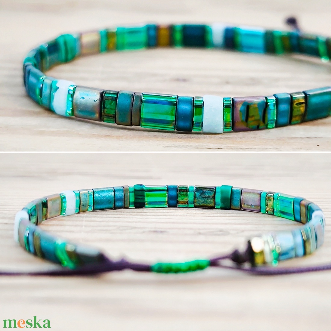 Selymes üveggyöngy karkötő - zöld - ékszer - karkötő - gyöngyös karkötő - Meska.hu