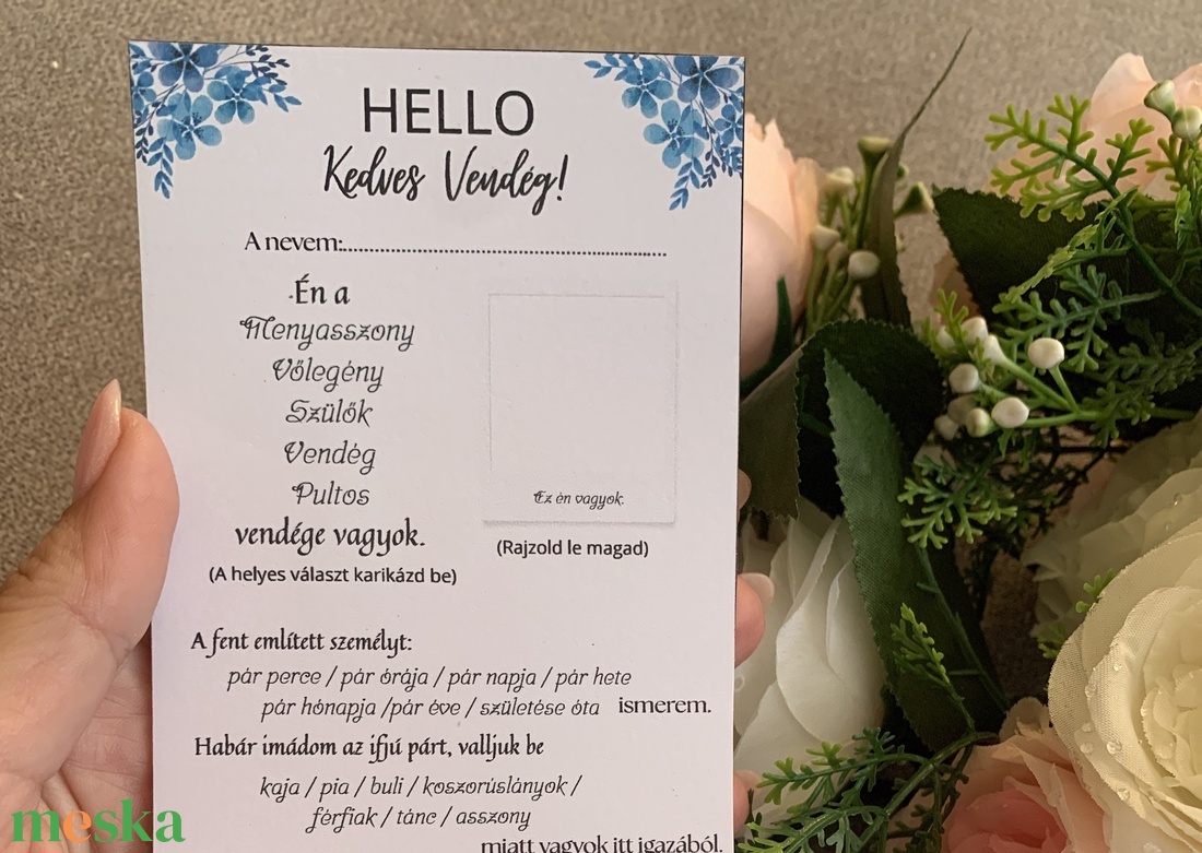 Hello Kedves Vendég! Esküvői vendégkártya kitölthető játéklappal (8x20 cm, kék virágos) - esküvő - meghívó & kártya - menü - Meska.hu Hello Kedves Vendég! Esküvői vendégkártya kitölthető játéklappal (8x20 cm, kék virágos) - esküvő - meghívó & kártya - menü - Meska.hu