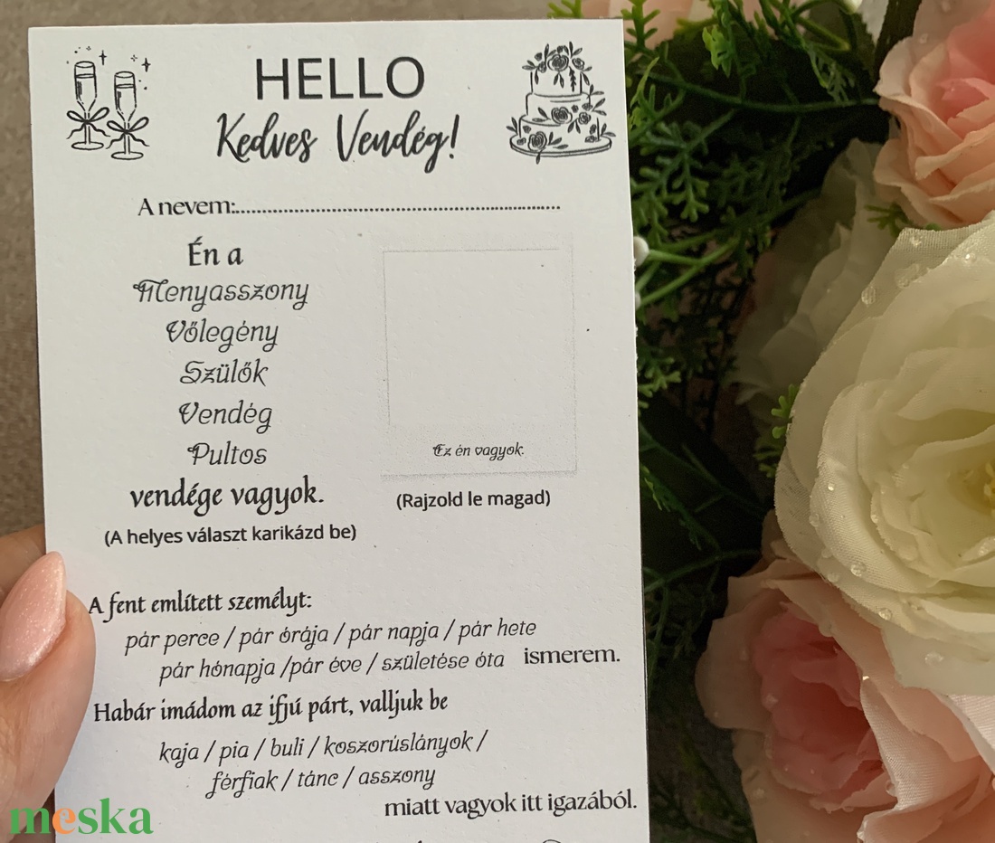 Hello Kedves Vendég! Esküvői vendégkártya kitölthető játéklappal (8x20 cm, virágos) - esküvő - meghívó & kártya - menü - Meska.hu Hello Kedves Vendég! Esküvői vendégkártya kitölthető játéklappal (8x20 cm, virágos) - esküvő - meghívó & kártya - menü - Meska.hu