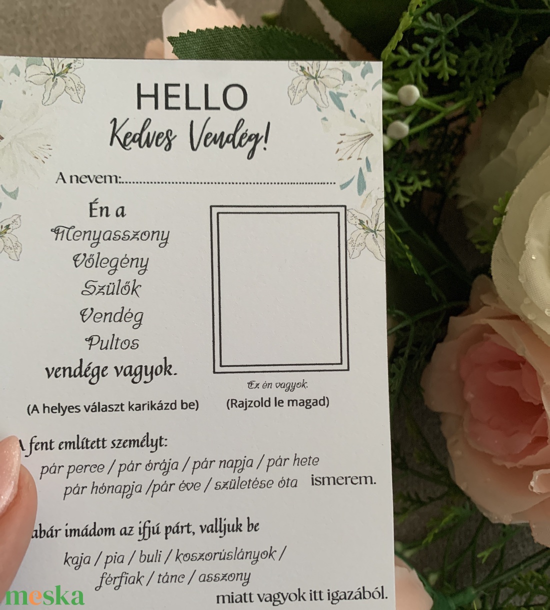 Hello Kedves Vendég! Esküvői vendégkártya kitölthető játéklappal (8x20 cm, virágos) - esküvő - meghívó & kártya - menü - Meska.hu Hello Kedves Vendég! Esküvői vendégkártya kitölthető játéklappal (8x20 cm, virágos) - esküvő - meghívó & kártya - menü - Meska.hu