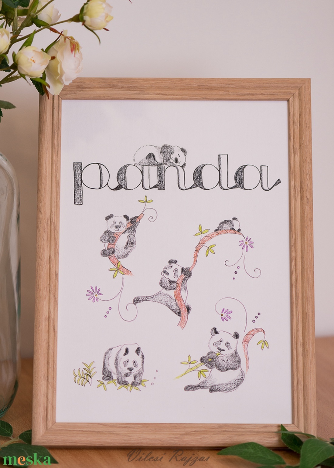 Panda Illusztráció Keretben, Panda Faldekoráció, Gyerekszoba Dekoráció, Panda Akvarell, Panda Kedvelők, Falikép - művészet - grafika & illusztráció - ceruzarajz - Meska.hu