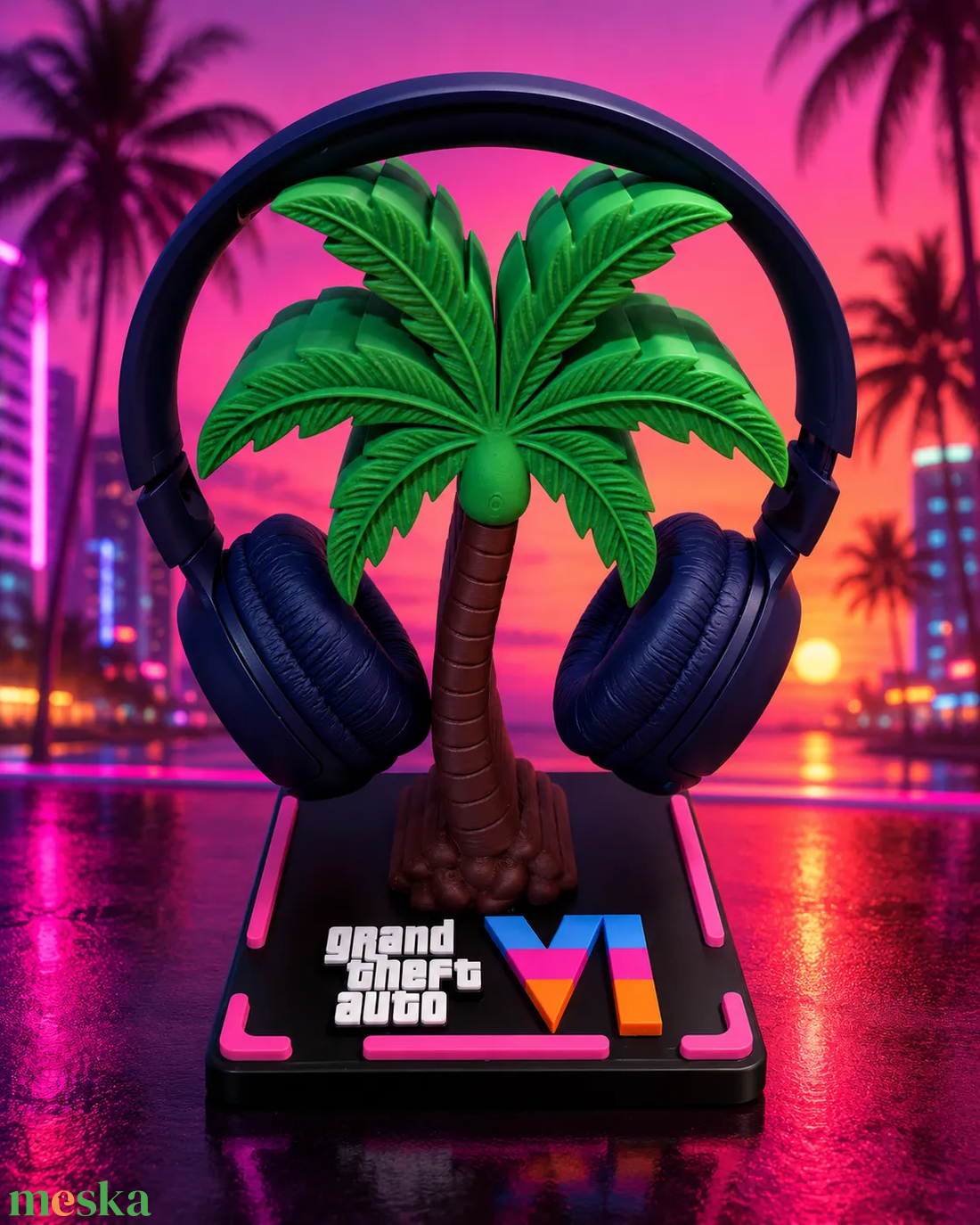 GTA Vice City stílusú fejhallgató állvány � pálmafás gamer dekoráció - otthon & életmód - tárolás & rendszerezés - kontroller tartók - Meska.hu