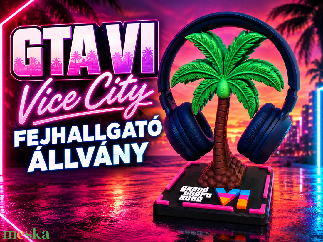 GTA Vice City stílusú fejhallgató állvány � pálmafás gamer dekoráció - otthon & életmód - tárolás & rendszerezés - kontroller tartók - Meska.hu