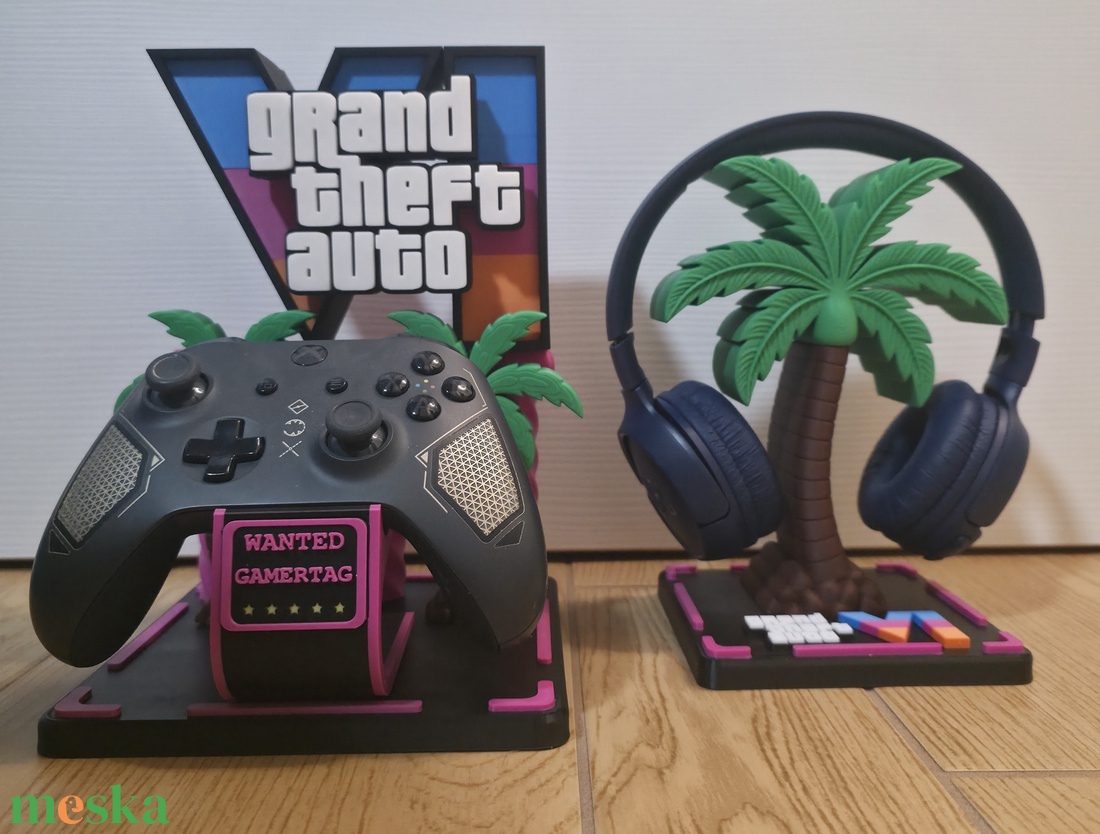 GTA Vice City stílusú fejhallgató állvány � pálmafás gamer dekoráció - otthon & életmód - tárolás & rendszerezés - kontroller tartók - Meska.hu
