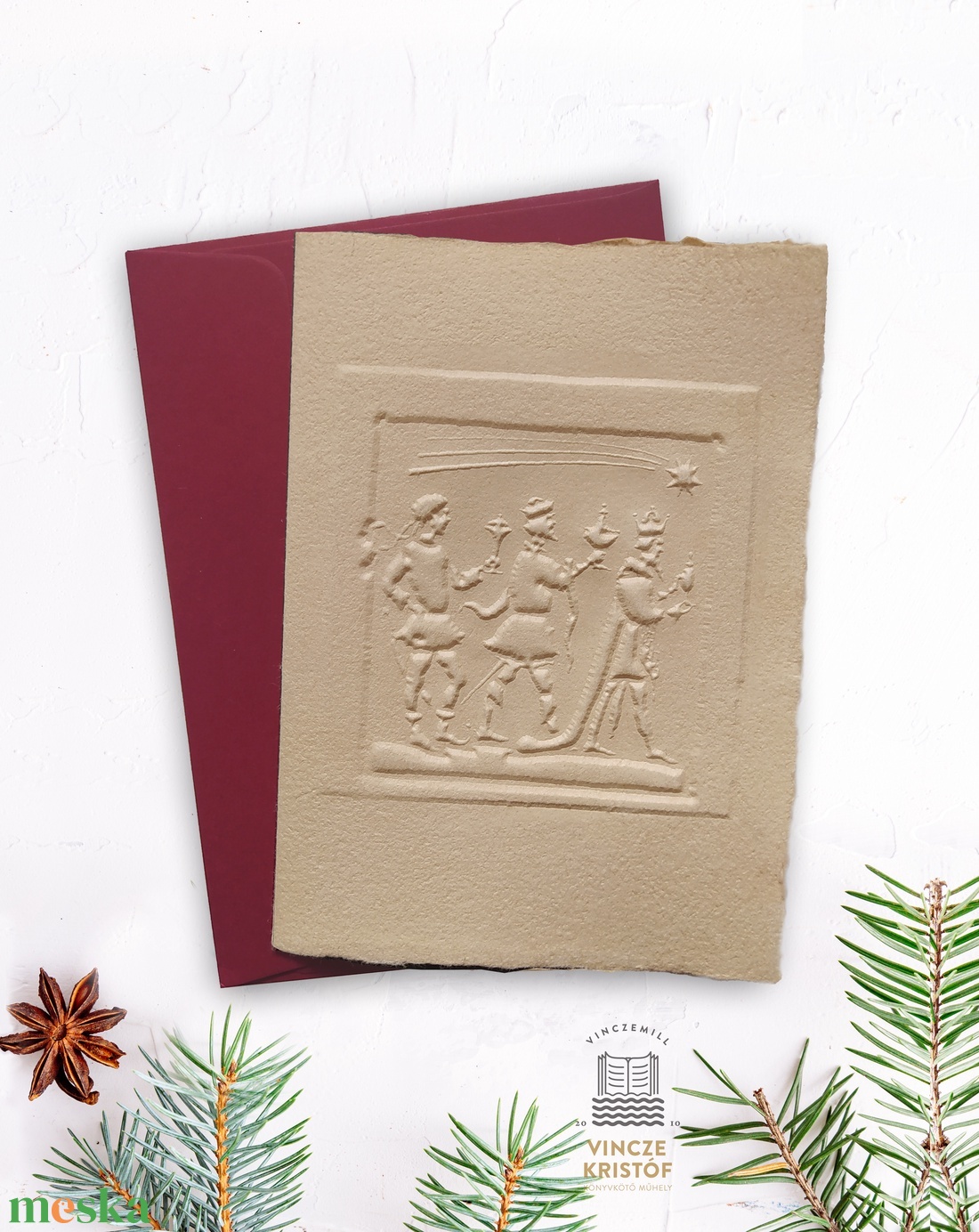 VINTAGE Karácsonyi üdvözlőlap, antik merített papíron, dombornyomott, ünnepi képeslap, Napkeleti Bölcsek, Betlehem - karácsony - karácsonyi ajándékozás - karácsonyi képeslap, üdvözlőlap, ajándékkísérő - Meska.hu