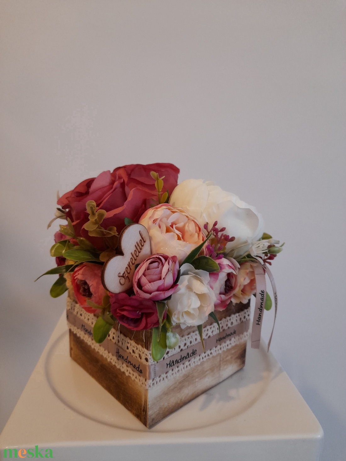 Virágbox / asztaldísz fa dobozban vintage bézs-mályva árnyalatokkal  - otthon & életmód - dekoráció - Meska.hu