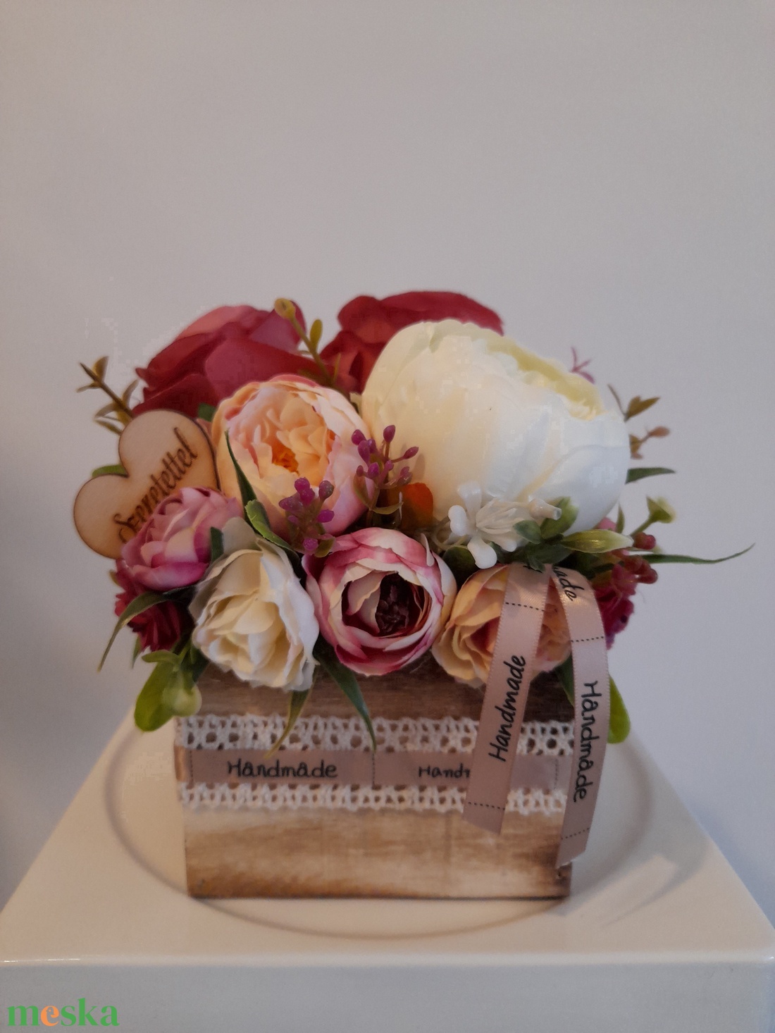 Virágbox / asztaldísz fa dobozban vintage bézs-mályva árnyalatokkal  - otthon & életmód - dekoráció - Meska.hu