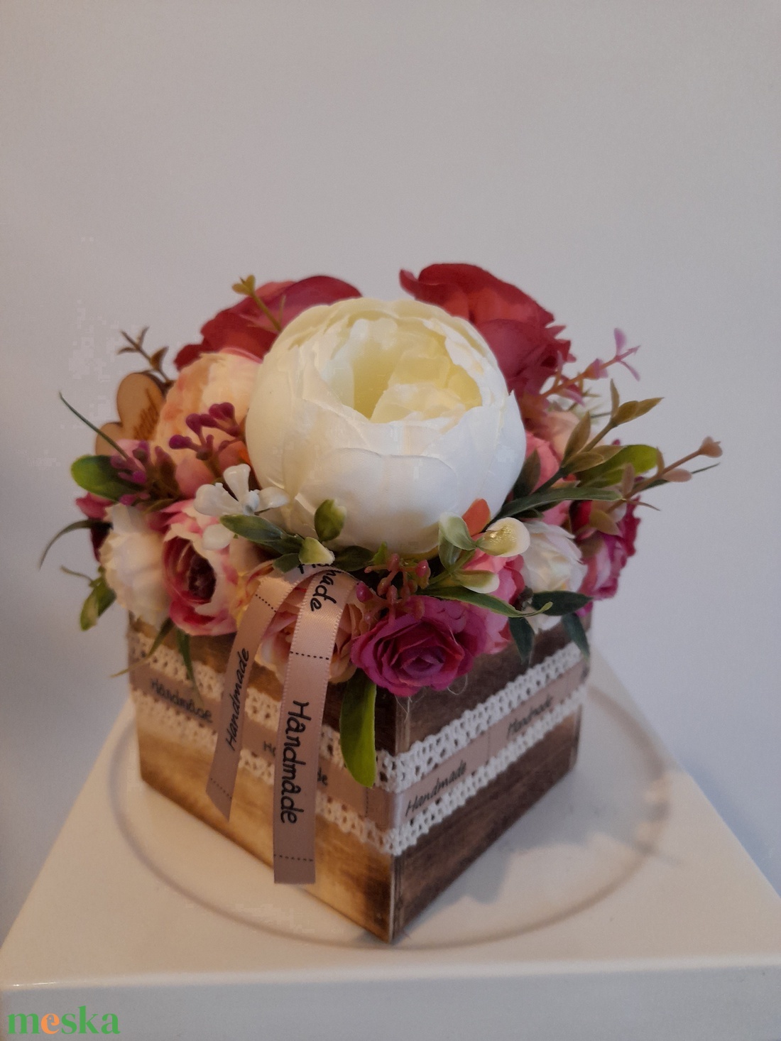 Virágbox / asztaldísz fa dobozban vintage bézs-mályva árnyalatokkal  - otthon & életmód - dekoráció - Meska.hu