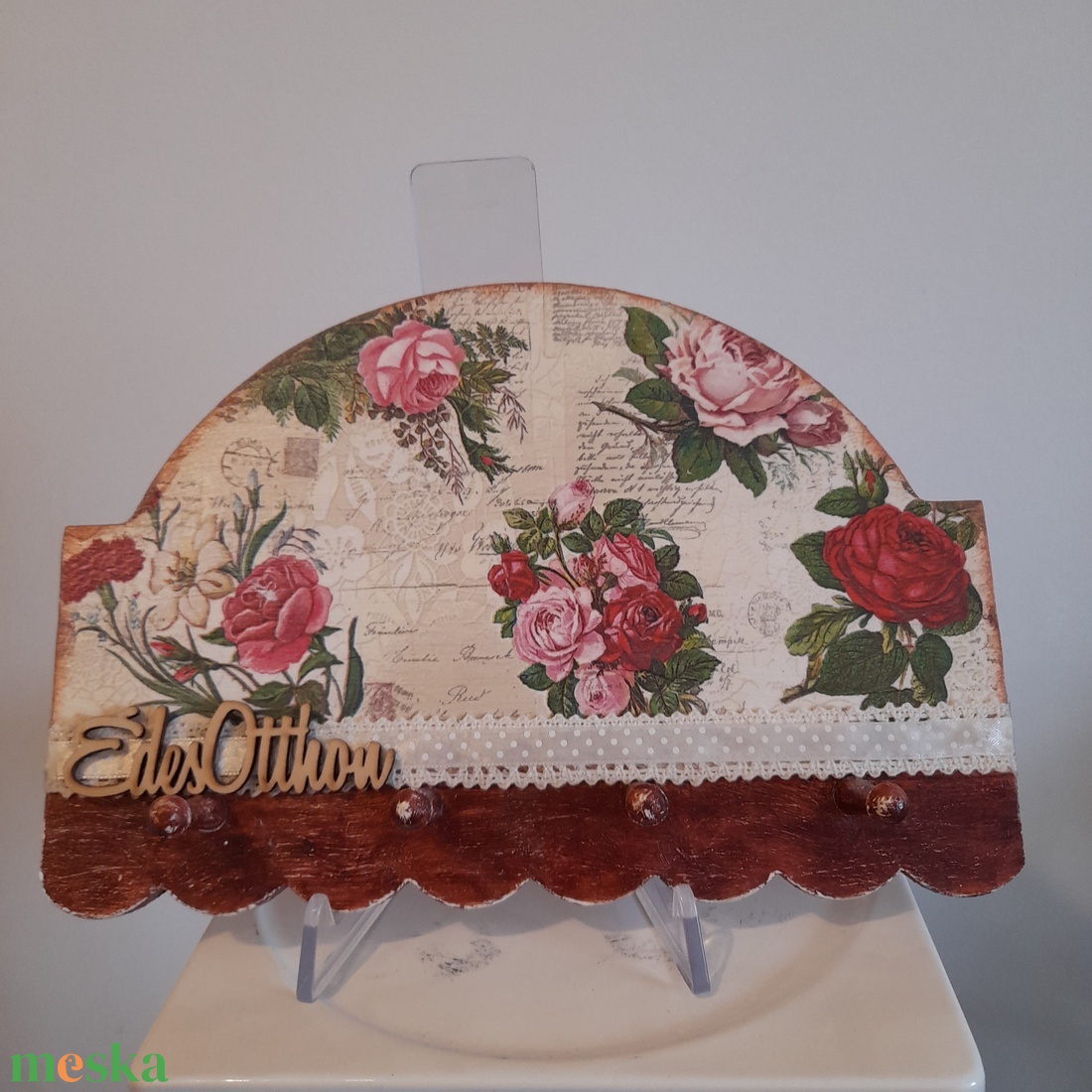 Vintage stílusú virágos kulcstartó vagy ékszertartó Édes otthon felirattal - otthon & életmód - dekoráció - fali és függő dekoráció - fali kulcstartó - Meska.hu